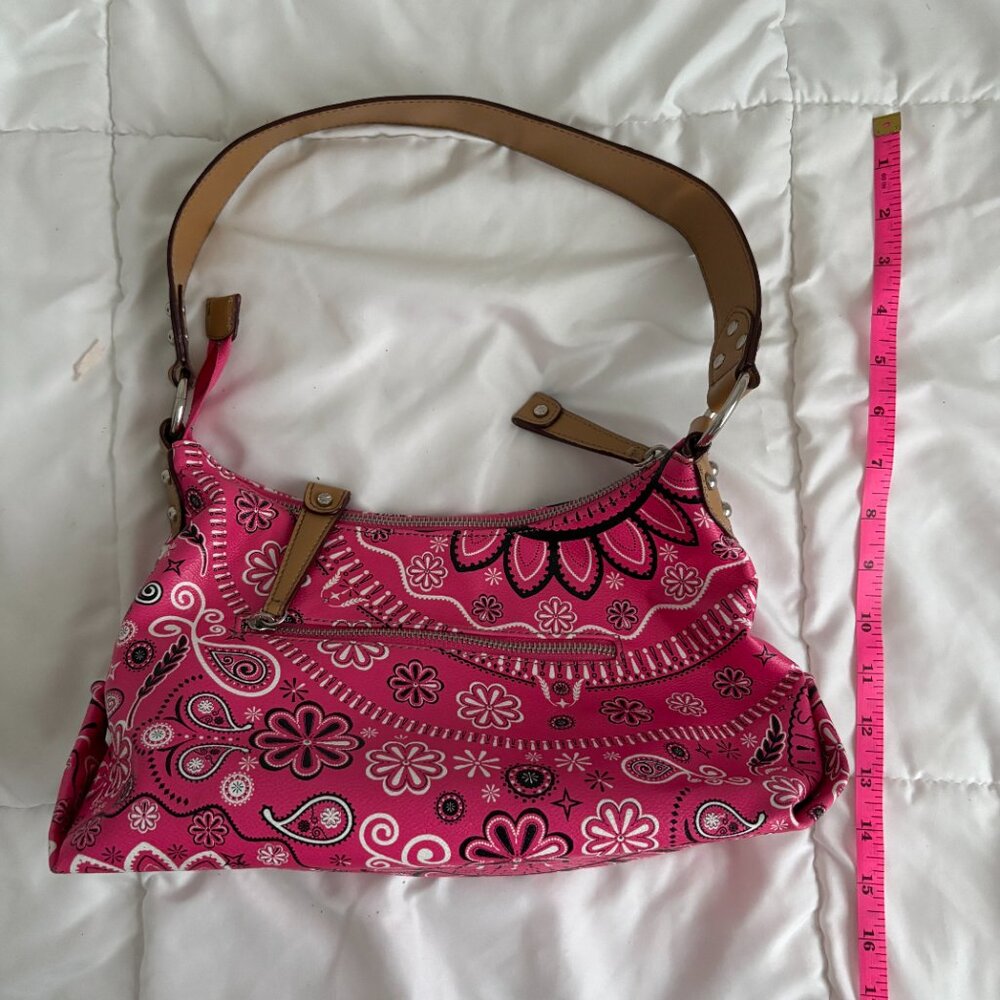 Isaac Mizrahi Pink Bandanna Print Hobo Style Tan PVC Trimmed Bag Retro - Picture 6 of 10